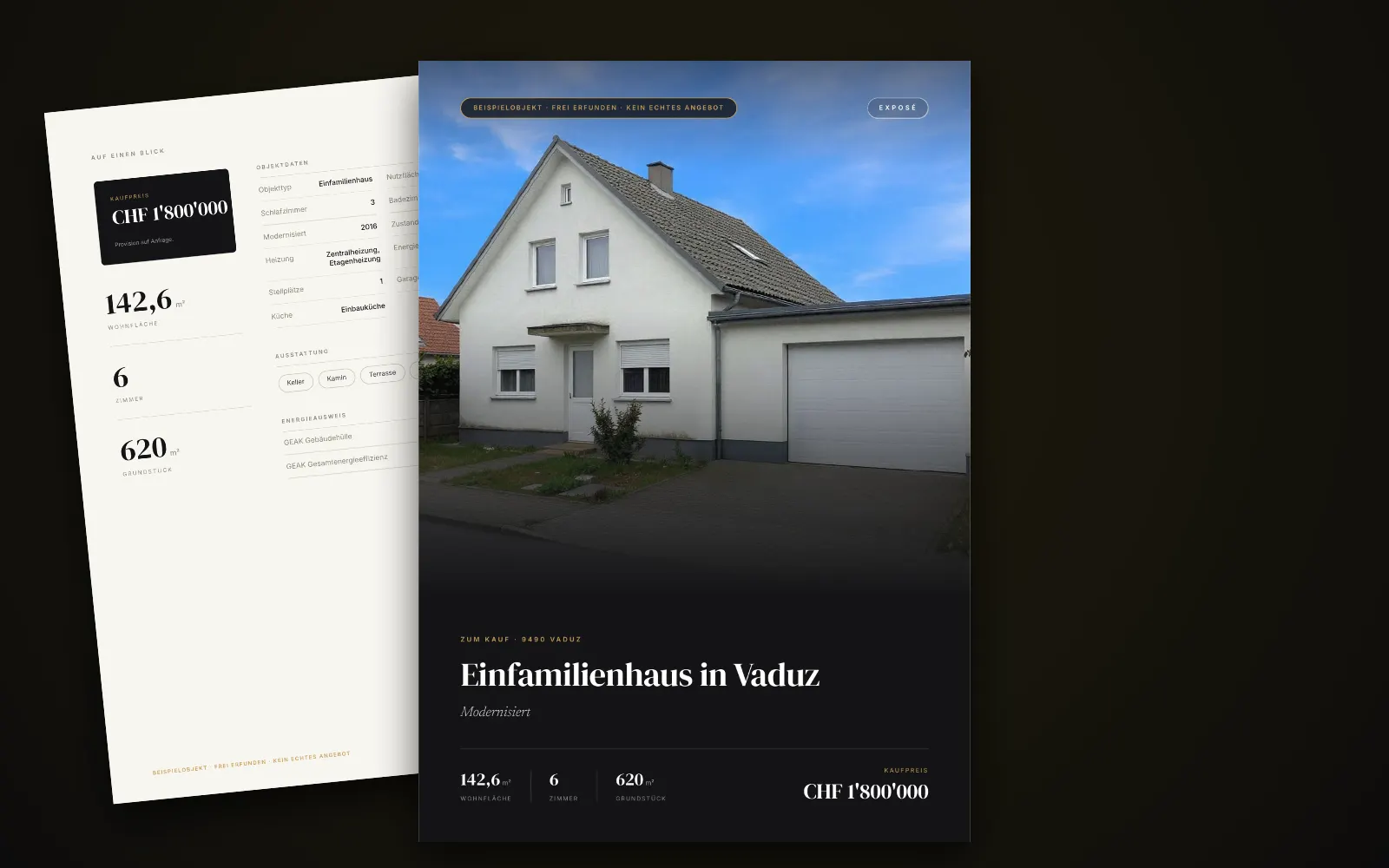Exposé des Beispielobjekts in Vaduz: Titelseite mit Foto, Titel und Kaufpreis, dahinter zwei weitere Seiten